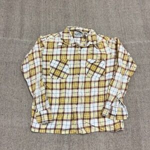 Vintage Sear Flannel Shirt Mens Large Yellow 1970s Long Sleeve